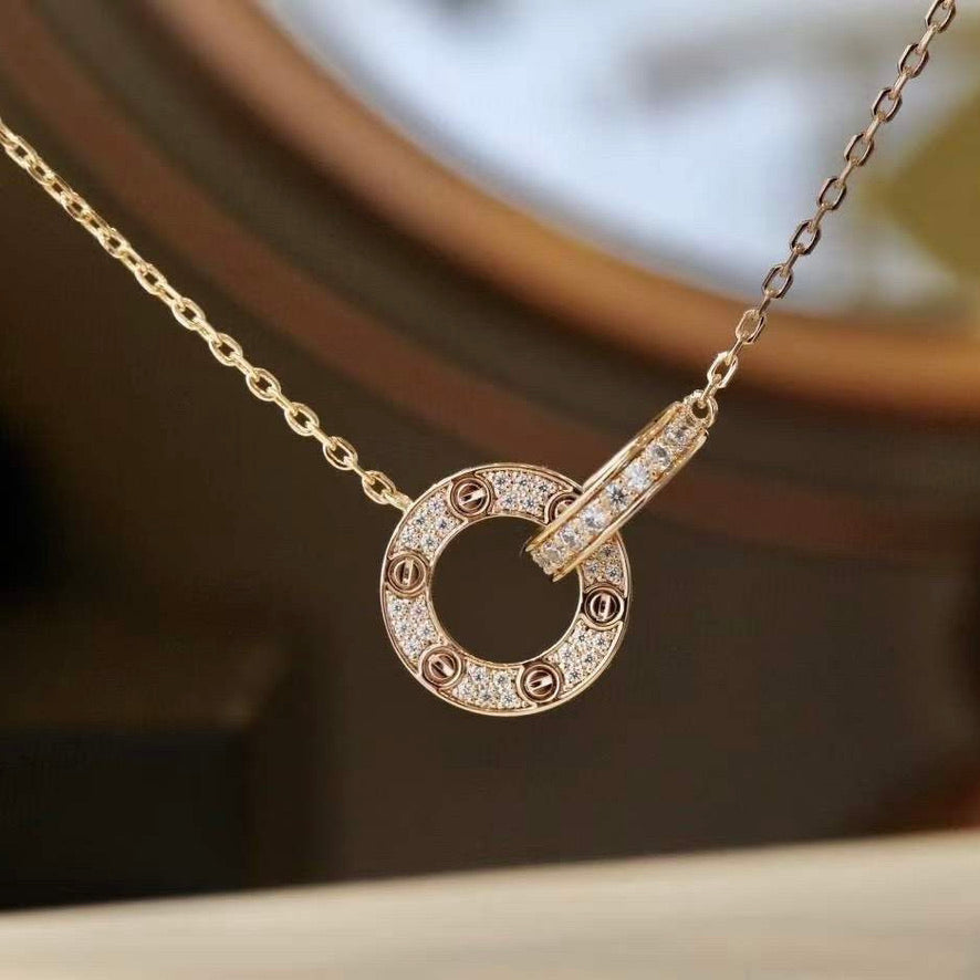 [Basjewels]LOVE 7.6MM NECKLACE ROSE GOLD AND SILVER  FULL DIAMOND