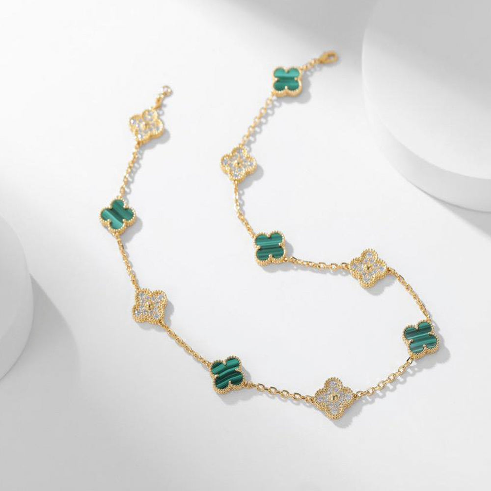 [Basjewels]CLOVER 10 MOTIF MALACHITE DIAMOND NECKLACE