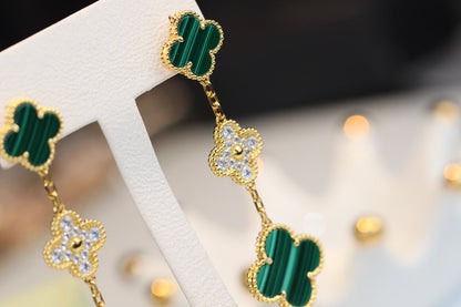 [Basjewels]CLOVER EARRINGS GOLD MALACHITE DIAMOND 3 MOTIF