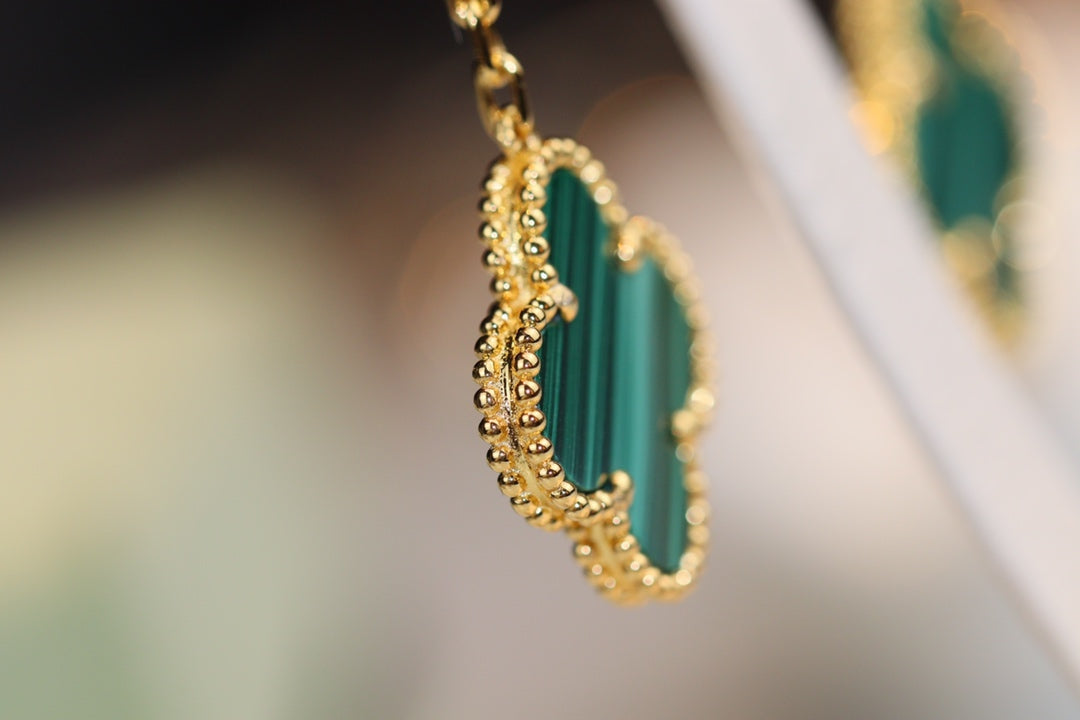 [Basjewels]CLOVER EARRINGS GOLD MALACHITE DIAMOND 3 MOTIF