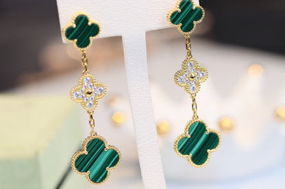 [Basjewels]CLOVER EARRINGS GOLD MALACHITE DIAMOND 3 MOTIF