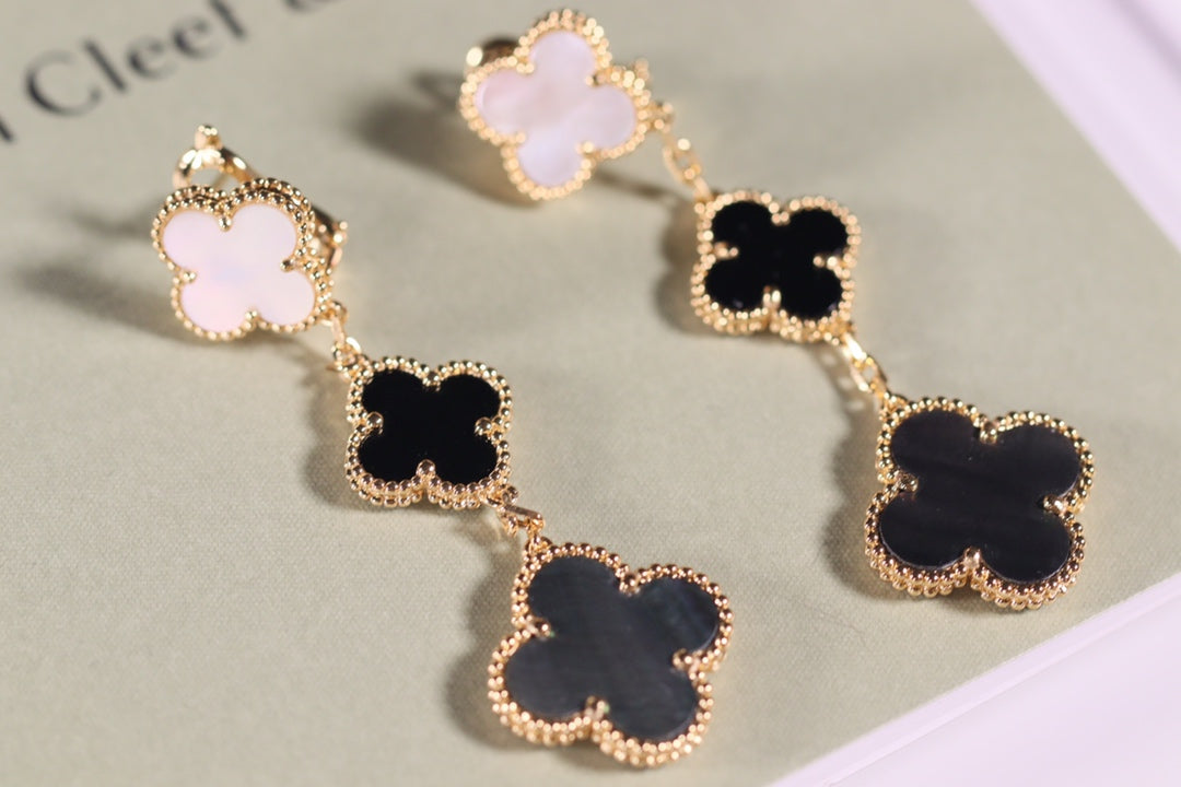 [Basjewels]CLOVER EARRINGS GOLD ONYX MOP 3 MOTIF