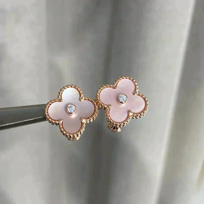 [Basjewels]CLOVER MEDIUM 1 MOTIFS  PINK MOP DIAMOND EARRINGS