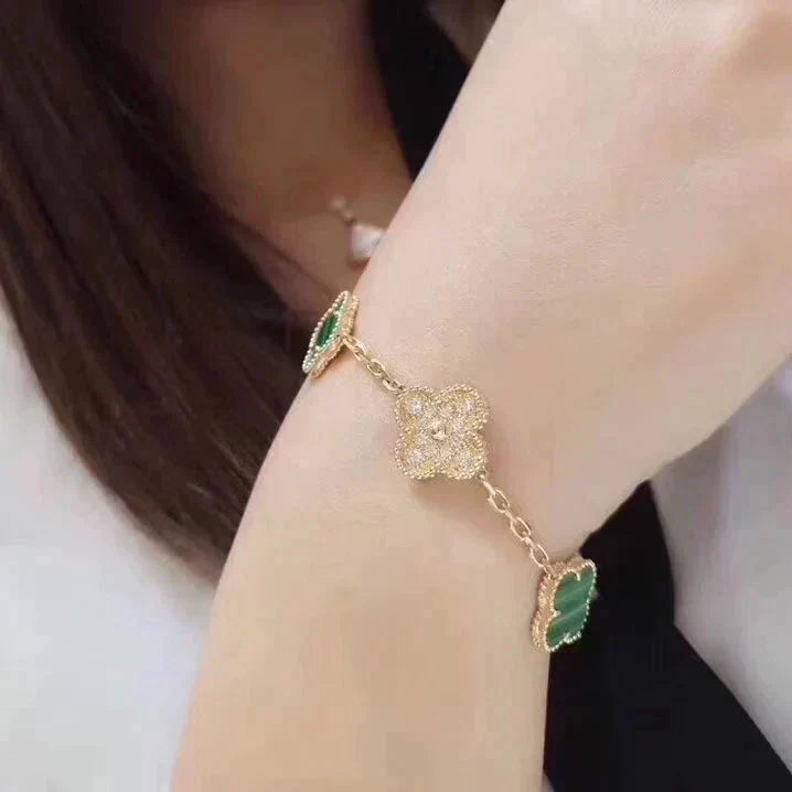 [Basjewels]CLOVER 5 MOTIF MALACHITE DIAMOND BRACELET