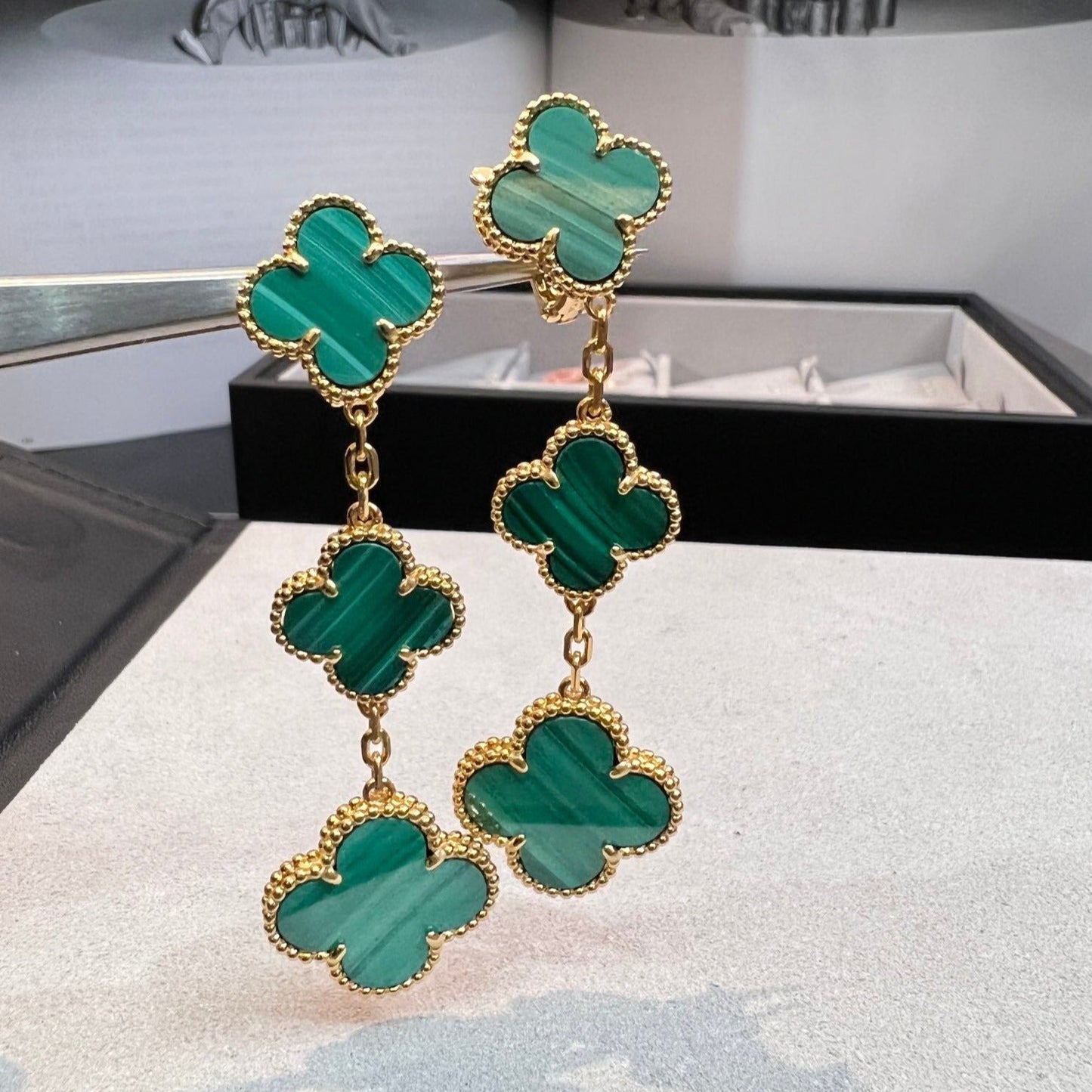 [Basjewels]CLOVER MALACHITE 3 MOTIFS GOLD