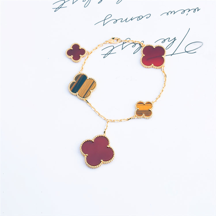 [Basjewels]CLOVER BRACELET 5 MOTIFS CARNELIAN TIGER EYE