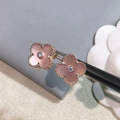 [Basjewels]CLOVER MEDIUM 1 MOTIFS  PINK MOP DIAMOND EARRINGS