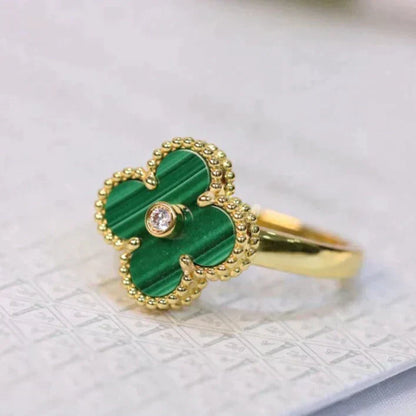 [Basjewels]CLOVER MALACHITE RING GOLD DIAMOND