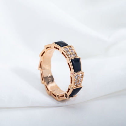 [Basjewels]SERPENTI RING PINK GOLD BLACK MOP DIAMOND PAVED 4MM