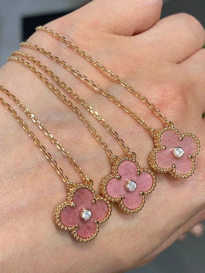 [Basjewels]CLOVER 15MM DIAMOND RHODONITE NECKLACE