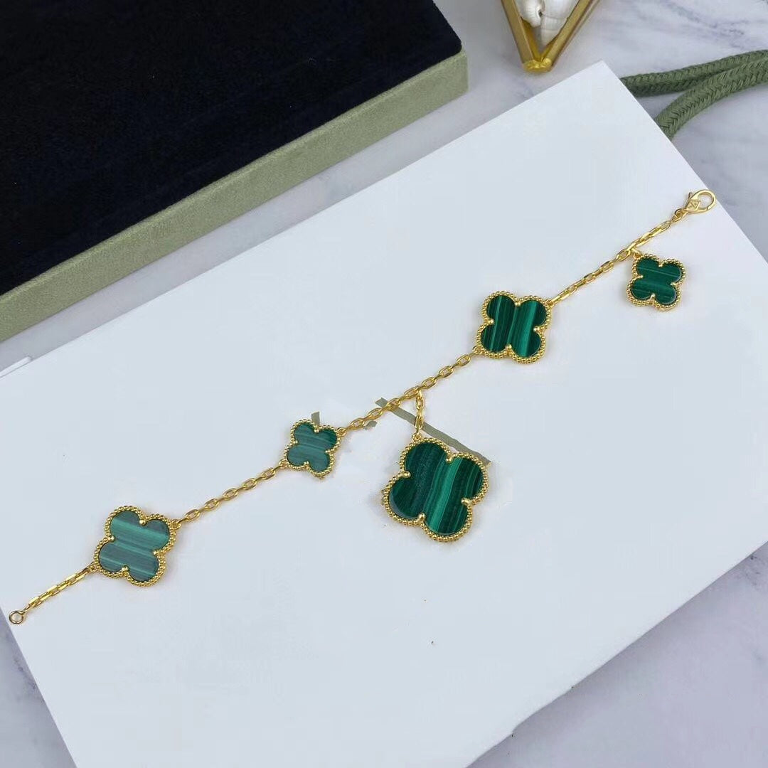 [Basjewels]MAGIC CLOVER MALACHITE GOLD BRACELET 5 MOTIFS