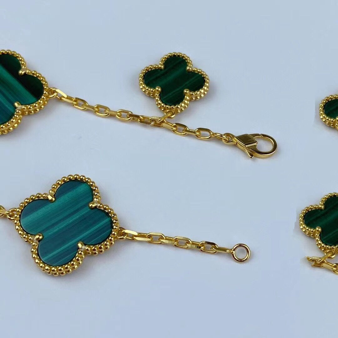 [Basjewels]MAGIC CLOVER MALACHITE GOLD BRACELET 5 MOTIFS