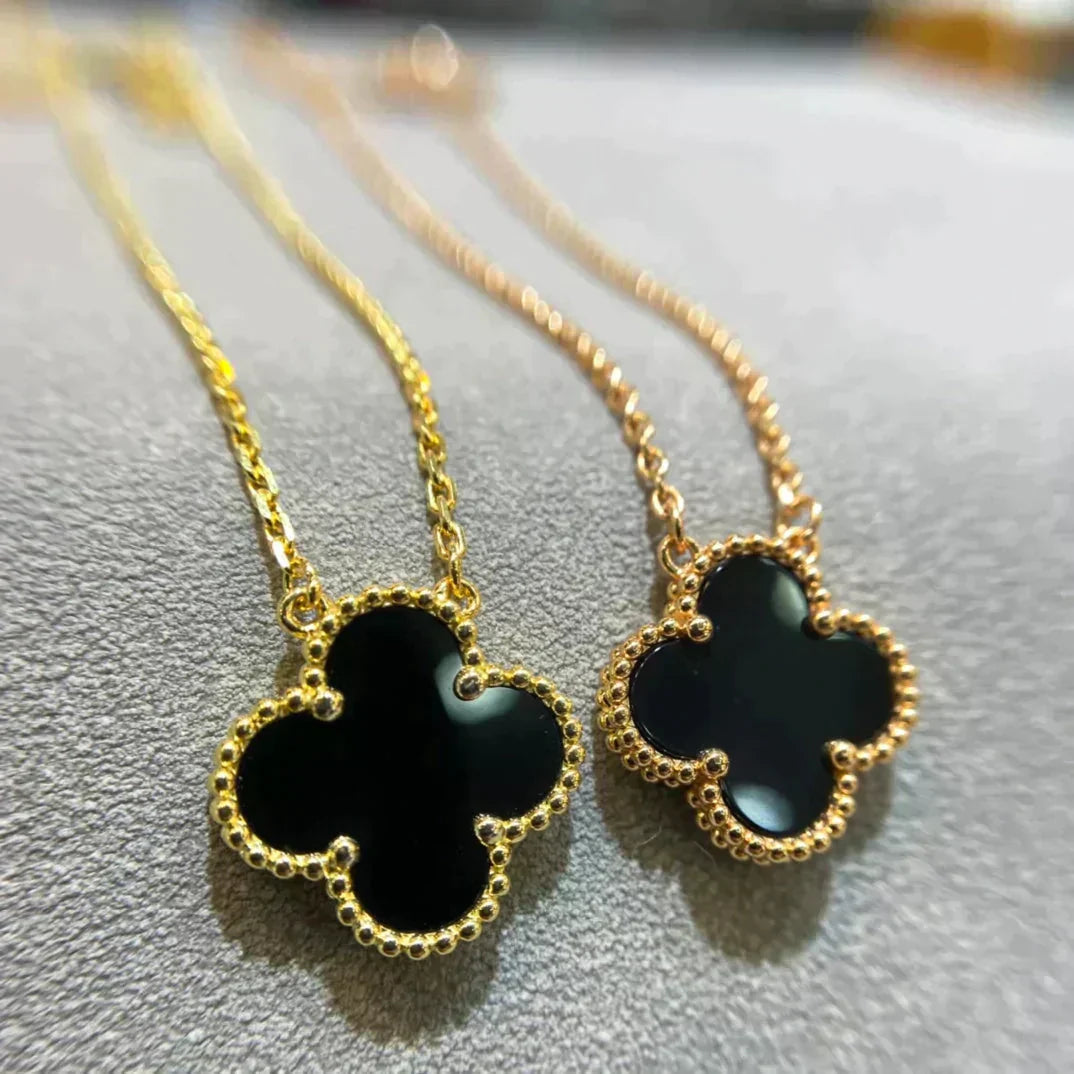 [Basjewels]CLOVER 15MM BLACK ONYX SINGLE FLOWER NECKLACE