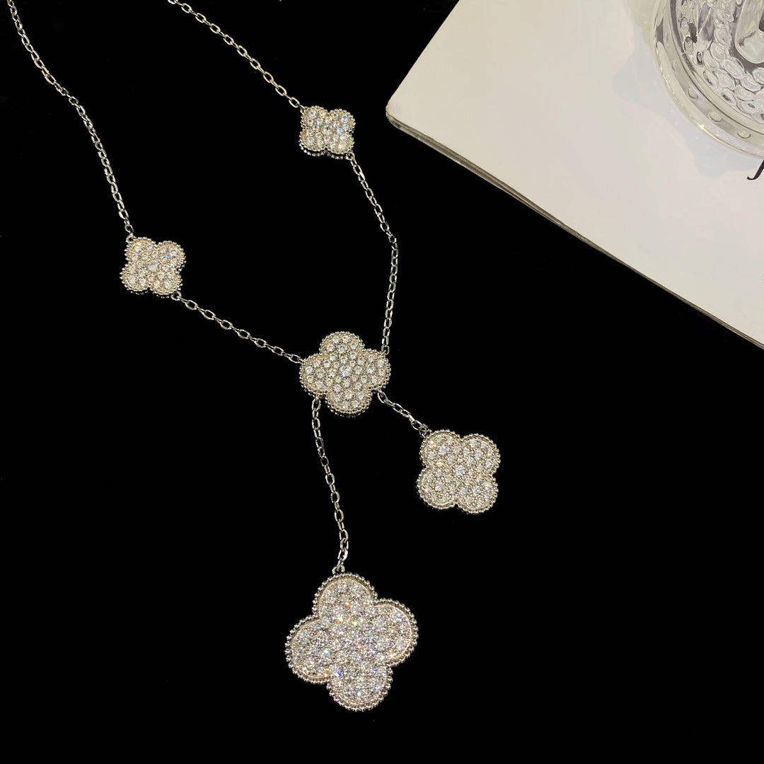 [Basjewels]CLOVER 5 MOTIFS SILVER DIAMONDS NECKLACE