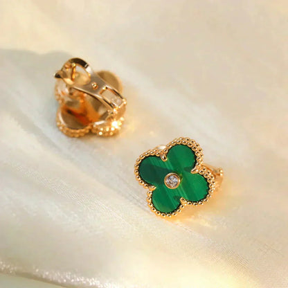 [Basjewels]CLOVER MEDIUM 1 MOTIFS MALACHITE DIAMOND EARRINGS