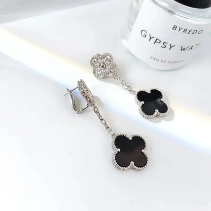 [Basjewels]CLOVER 2 MOTIFS  DIAMOND ONYX EARRINGS SILVER