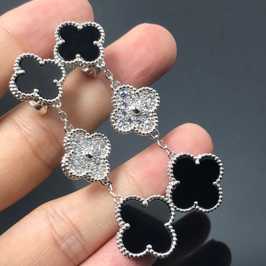 [Basjewels]CLOVER 3 MOTIF DIAMOND ONYX SILVER EARRINGS