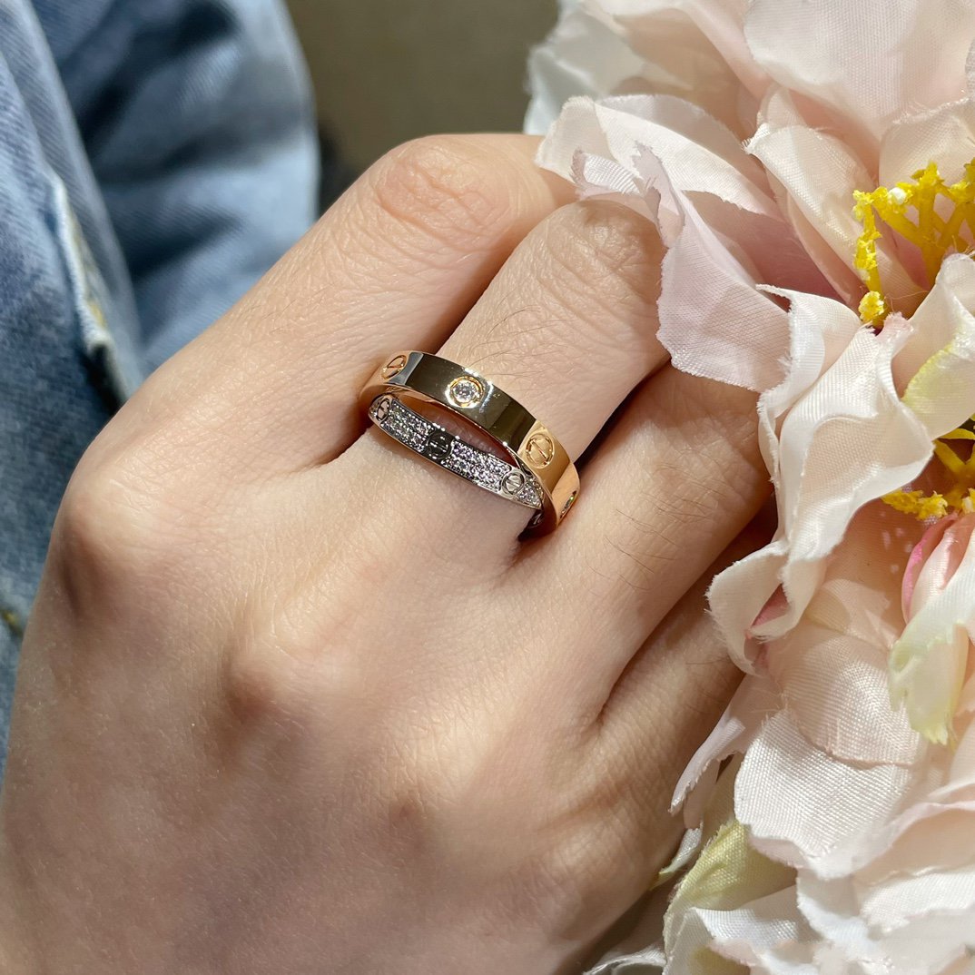 [Basjewels]LOVE PINK GOLD SILVER DIAMOND DOUBLE RING