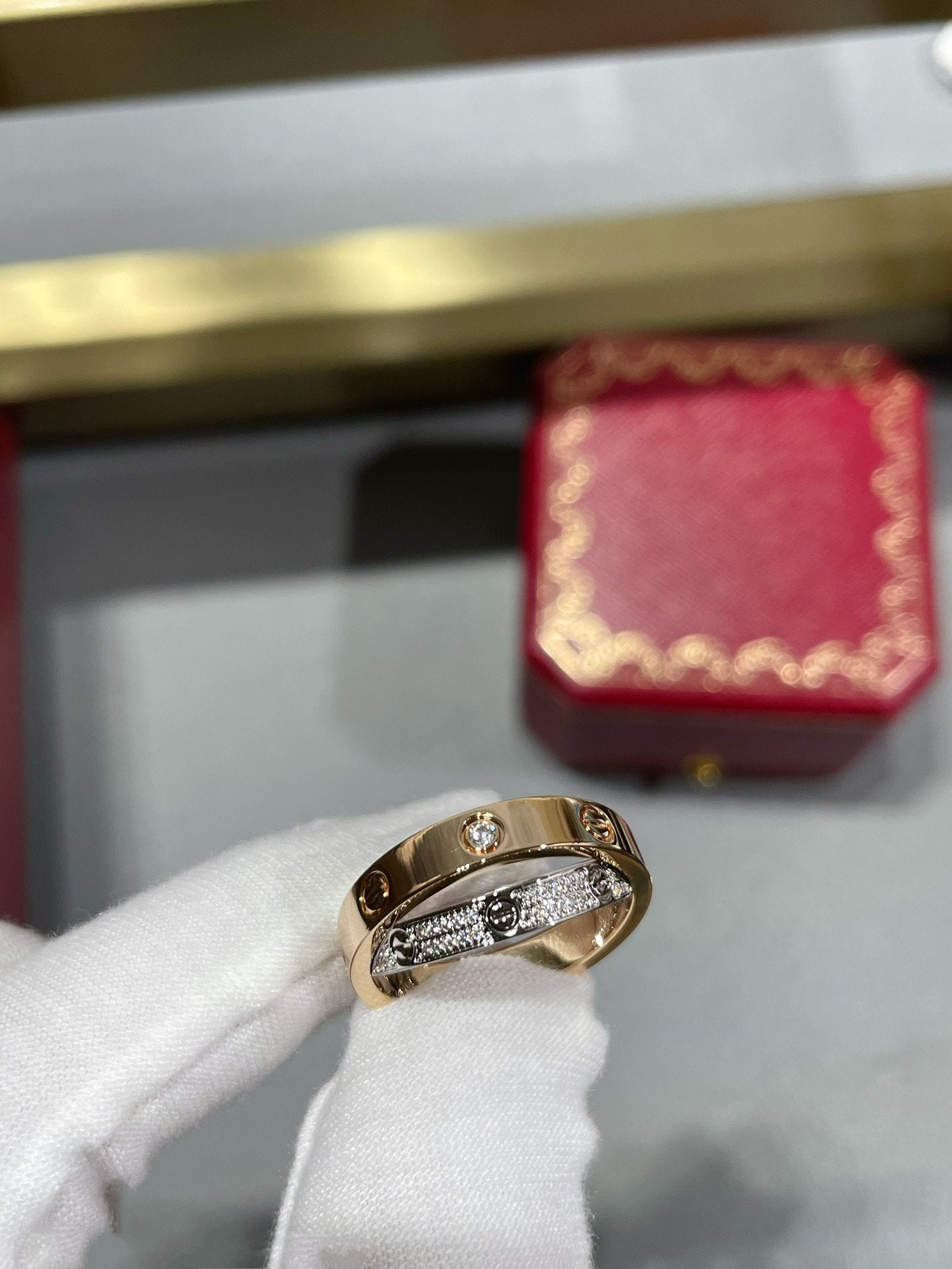 [Basjewels]LOVE PINK GOLD SILVER DIAMOND DOUBLE RING