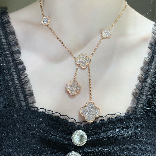 [Basjewels]CLOVER 6 MOTIF DIAMOND PAVED NECKLACE