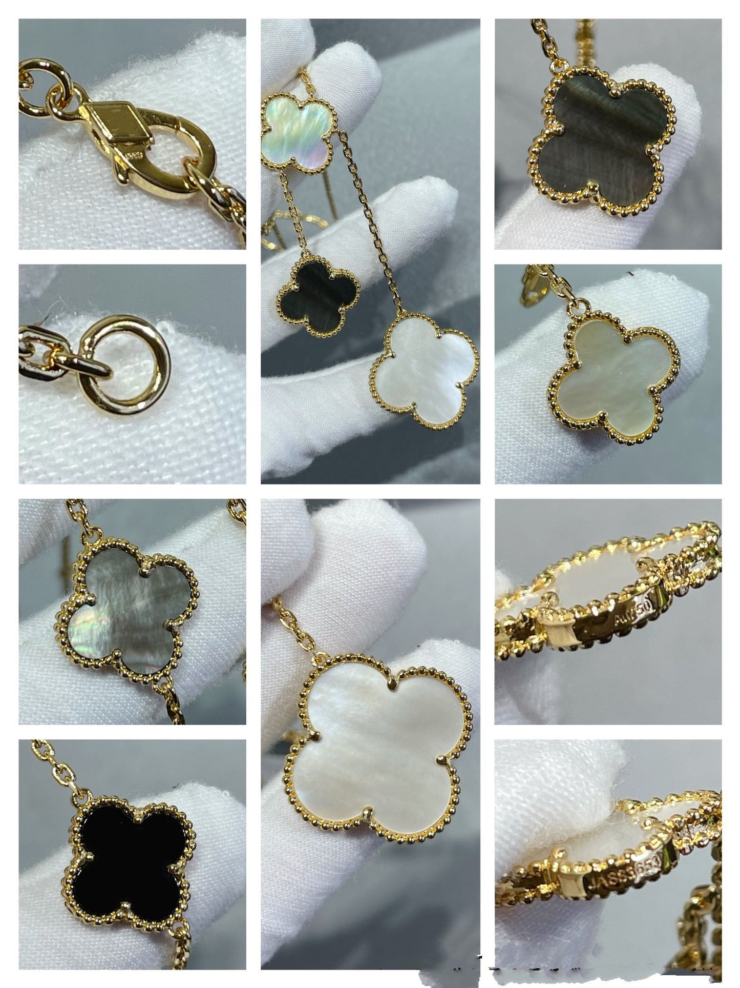 [Basjewels]CLOVER 6 MOTIF MOP ONYX GOLD NECKLACE