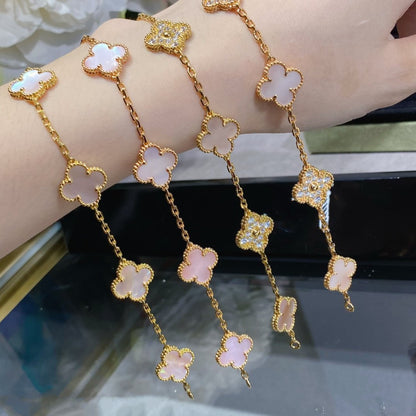 [Basjewels]CLOVER 5 MOTIF DIAMOND PINK MOP PINK GOLD BRACELET