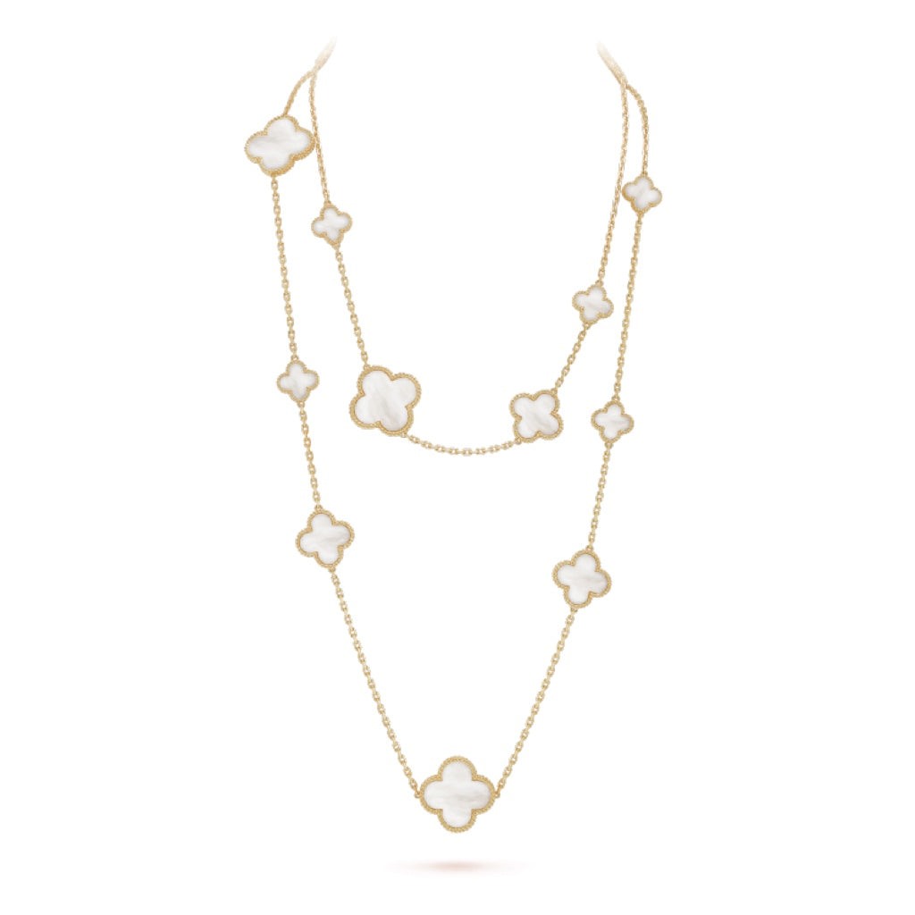 [Basjewels]CLOVER 16 MOTIF WHITE MOP GOLD NECKLACE