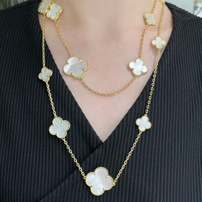 [Basjewels]CLOVER 16 MOTIF WHITE MOP GOLD NECKLACE