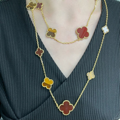 [Basjewels]CLOVER 16 MOTIF CARNELIAN TIGER EYE ROSE GOLD NECKLACE