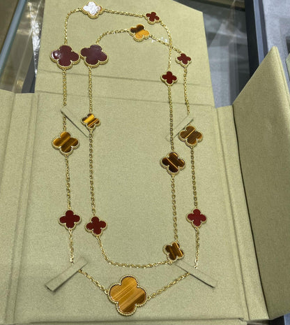 [Basjewels]CLOVER 16 MOTIF CARNELIAN TIGER EYE ROSE GOLD NECKLACE