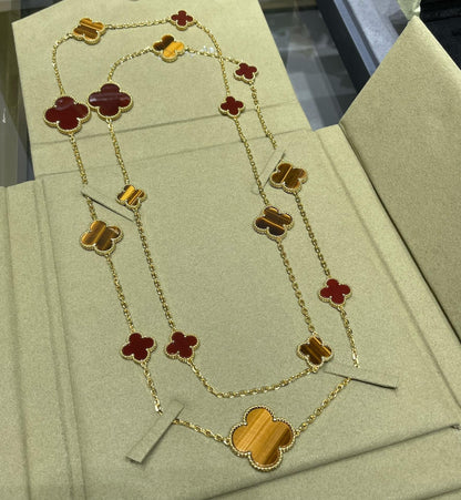 [Basjewels]CLOVER 16 MOTIF CARNELIAN TIGER EYE ROSE GOLD NECKLACE