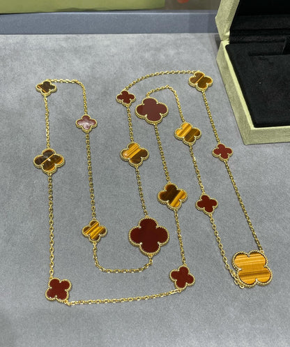 [Basjewels]CLOVER 16 MOTIF CARNELIAN TIGER EYE ROSE GOLD NECKLACE