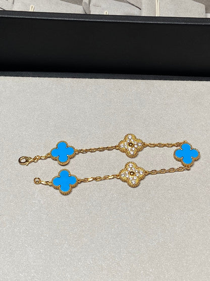 [Basjewels]CLOVER 5 MOTIF BLUE CHALCEDONY DIAMOND GOLD BRACELET