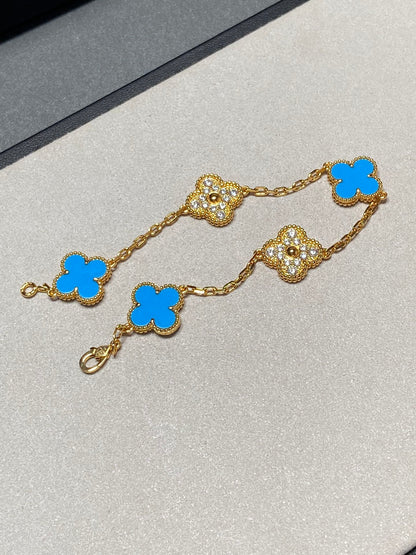 [Basjewels]CLOVER 5 MOTIF BLUE CHALCEDONY DIAMOND GOLD BRACELET