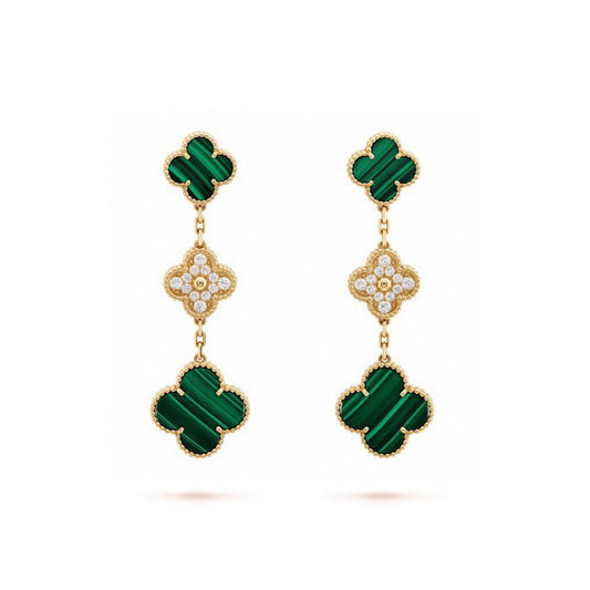 [Basjewels]CLOVER 3 MOTIF MALACHITE DIAMOND EARRINGS