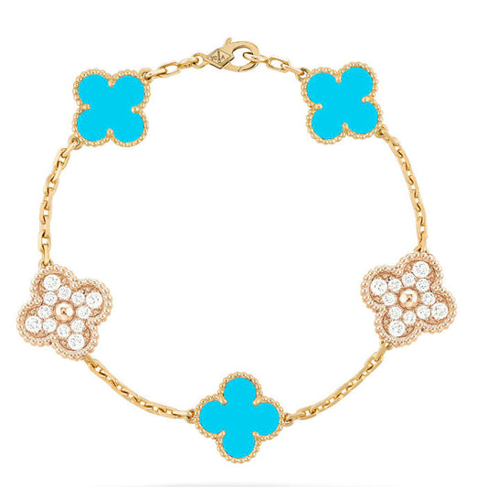 [Basjewels]CLOVER 5 MOTIF TURQUOISE DIAMOND GOLD BRACELET