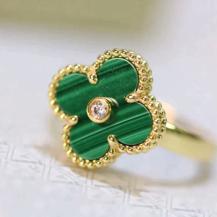 [Basjewels]CLOVER MALACHITE RING GOLD DIAMOND