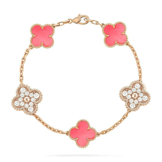 [Basjewels]CLOVER 5 MOTIF DIAMOND PINK MOP PINK GOLD BRACELET