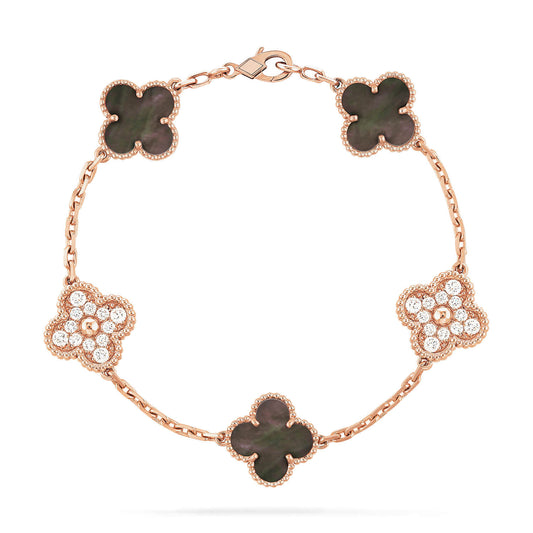 [Basjewels]CLOVER 5 MOTIFS DARK MOP AND DIAMONDS PINK GOLD BRACELET