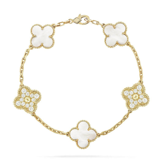 [Basjewels]CLOVER BRACELET 5 MOTIF WHITE MOP DIAMOND