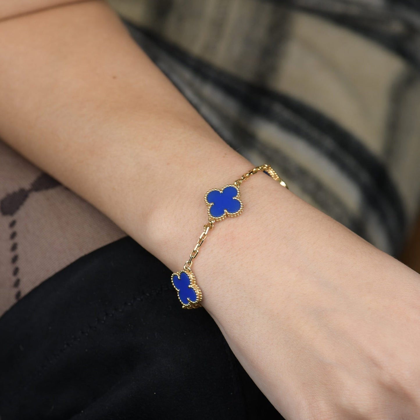 [Basjewels]CLOVER 5 MOTIFS BLUE AGATE BRACELET