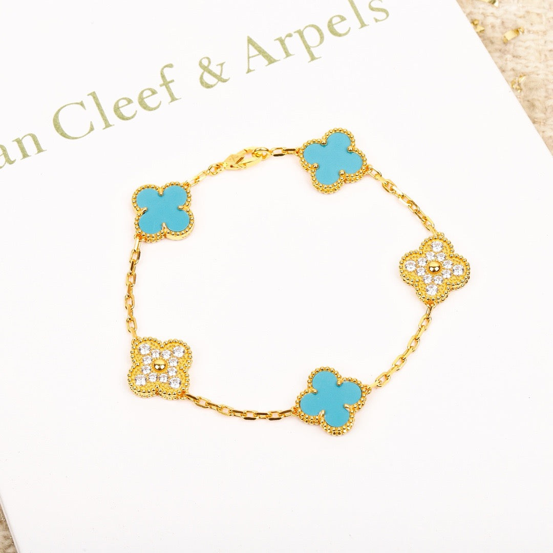 [Basjewels]CLOVER 5 MOTIF TURQUOISE DIAMOND GOLD BRACELET