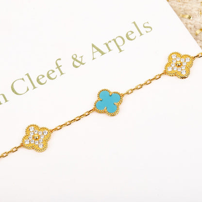 [Basjewels]CLOVER 5 MOTIF TURQUOISE DIAMOND GOLD BRACELET