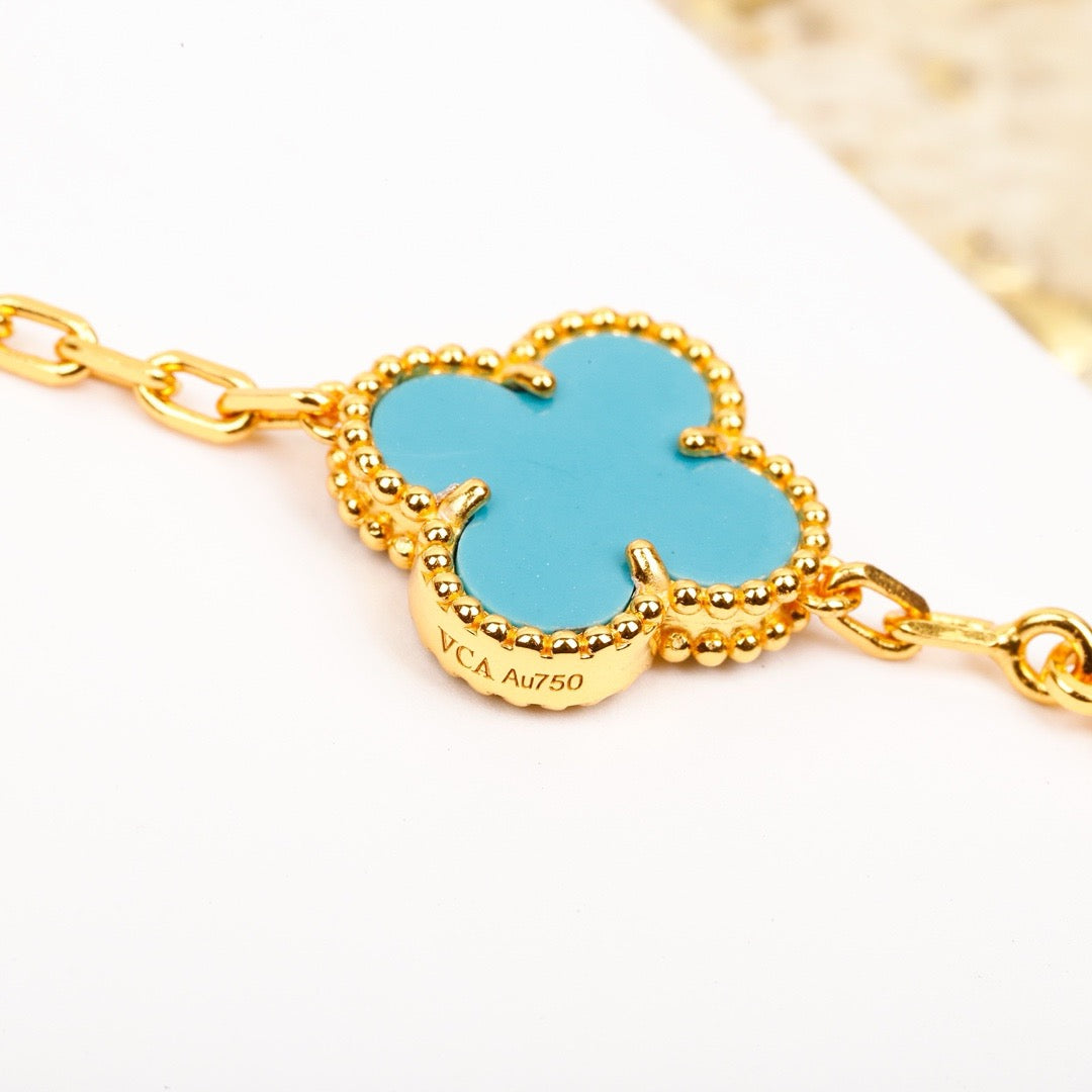 [Basjewels]CLOVER 5 MOTIF TURQUOISE DIAMOND GOLD BRACELET