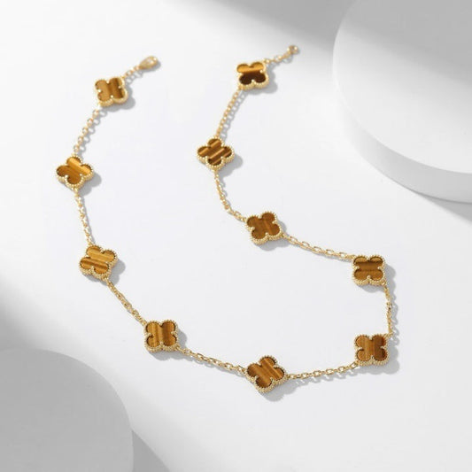 [Basjewels]CLOVER 10 MOTIFS TIGER EYE NECKLACE