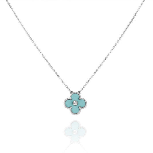 [Basjewels]CLOVER 1 DIAMOND LIGHT BLUE SILVER NECKLACE