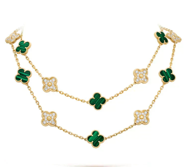 [Basjewels]CLOVER 20 MOTIFS MALACHITE DIAMOND NECKLACE