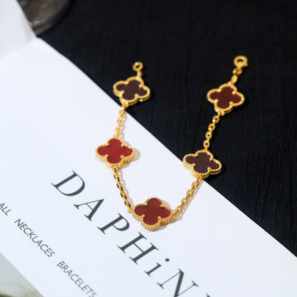 [Basjewels]CLOVER 5 MOTIFS RED AGATE  BRACELET