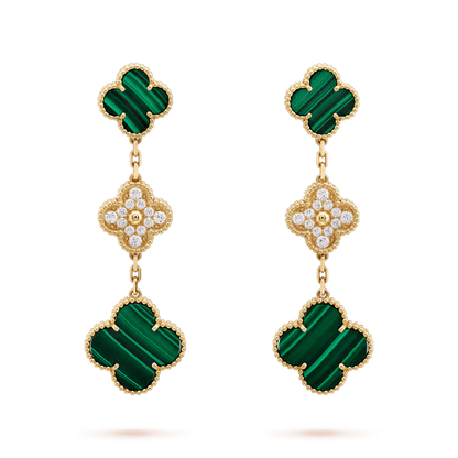 [Basjewels]CLOVER EARRINGS GOLD MALACHITE DIAMOND 3 MOTIF