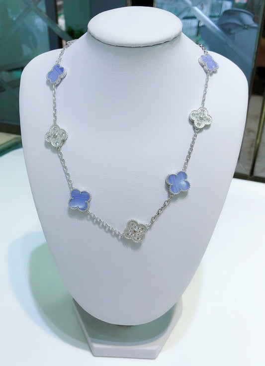 [Basjewels]CLOVER 10 MOTIFS CHALCEDONY DIAMONDS SILVER NECKLACE